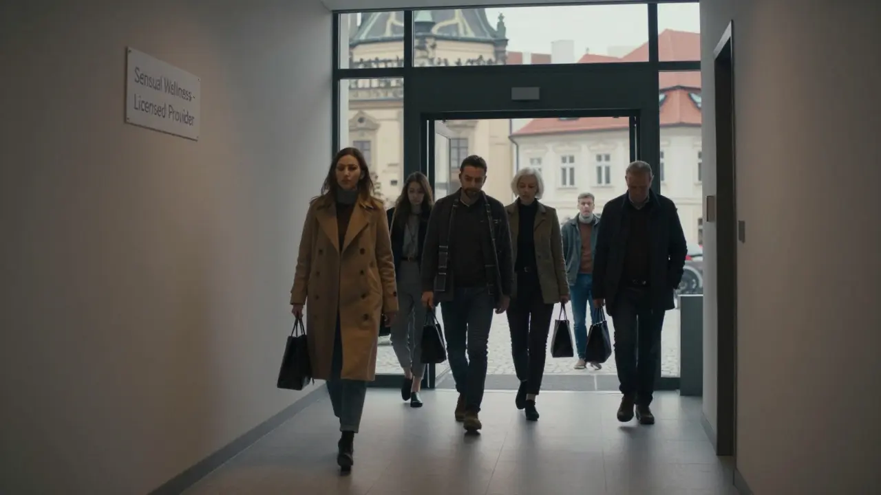Diverse clients leaving a licensed sensual wellness center in Prague, looking relaxed and composed.