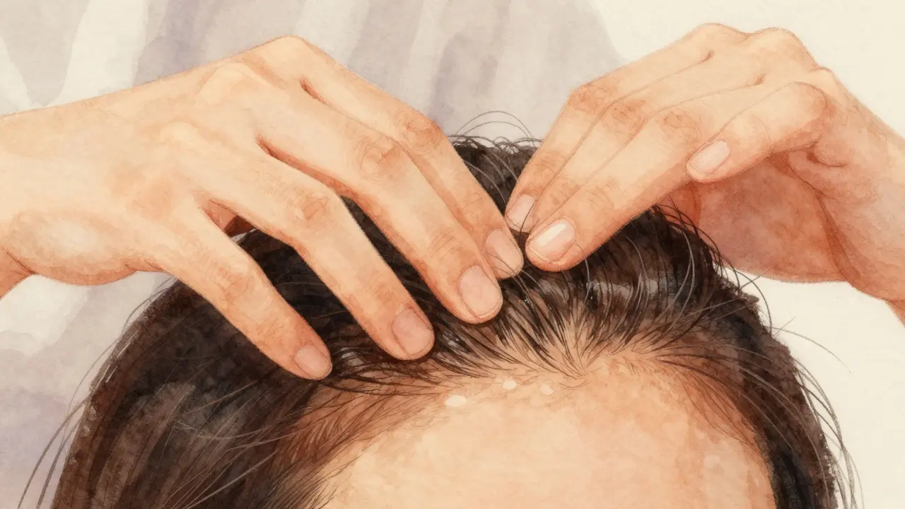 Hands performing firm circular motions on scalp for hair growth
