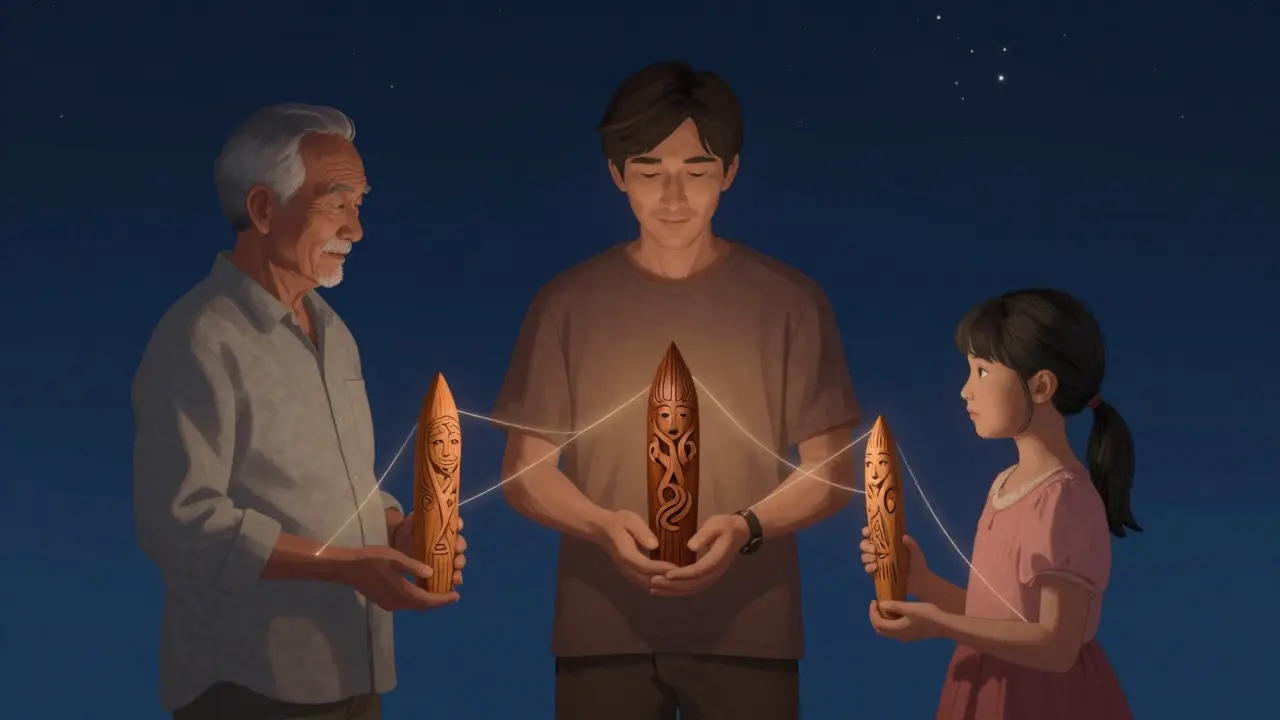 Three generations hold distinct rungus in a starlit circle, connected by glowing threads of heritage.