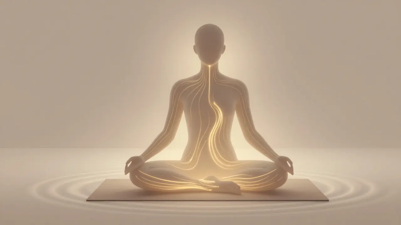 A glowing golden energy flow traces meridians across a human silhouette during Amma massage.