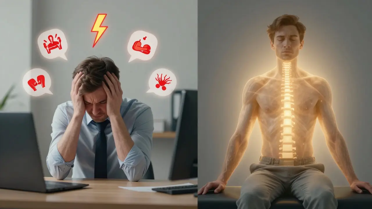 A person transitioning from stress to calm, with symbolic light radiating as their nervous system relaxes.