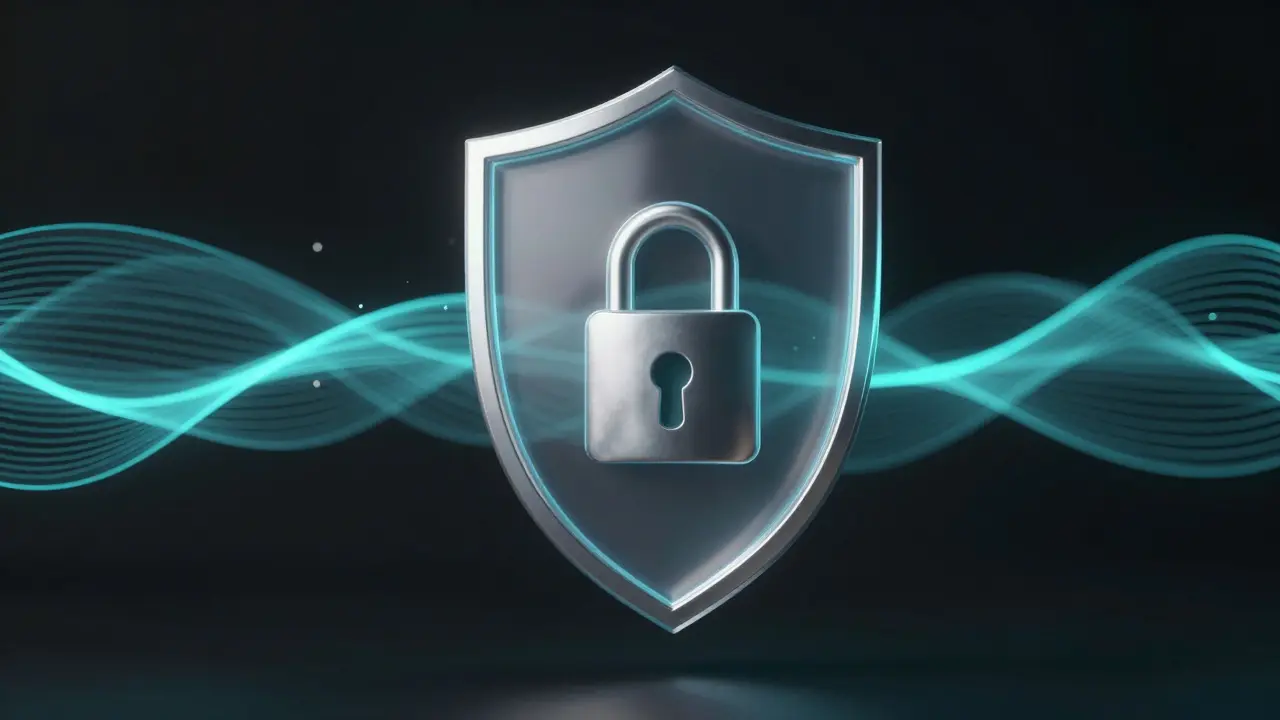 Abstract 3D shield symbolizing digital data security.