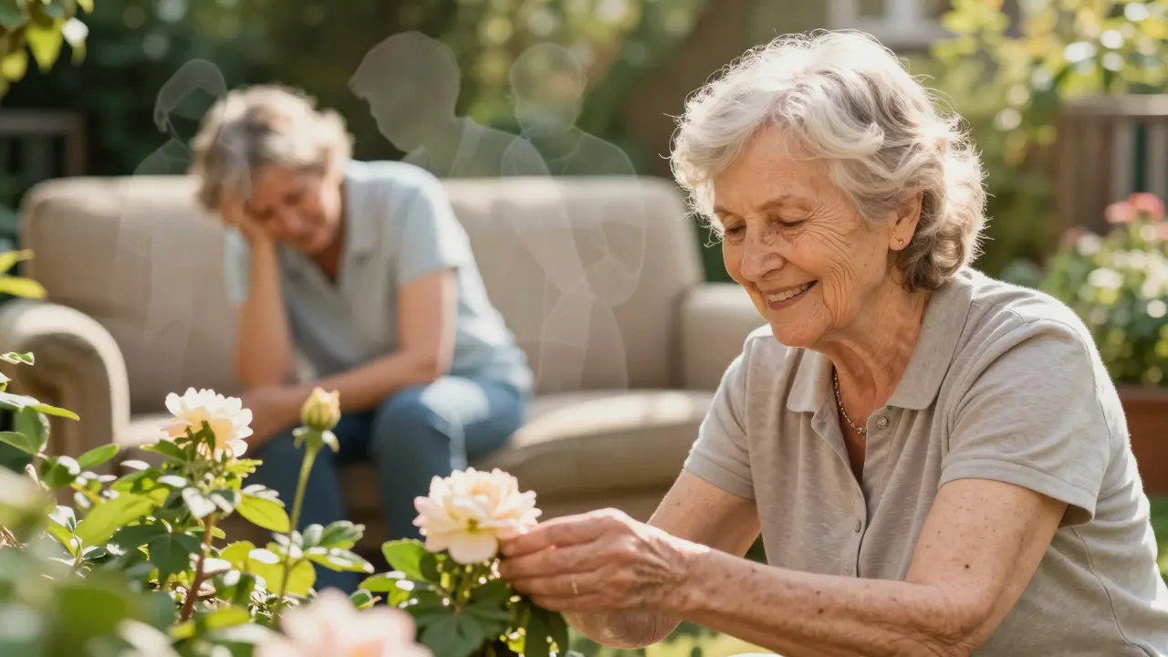 An elderly woman gardening joyfully, subtly contrasted with a faint memory of her former pain.