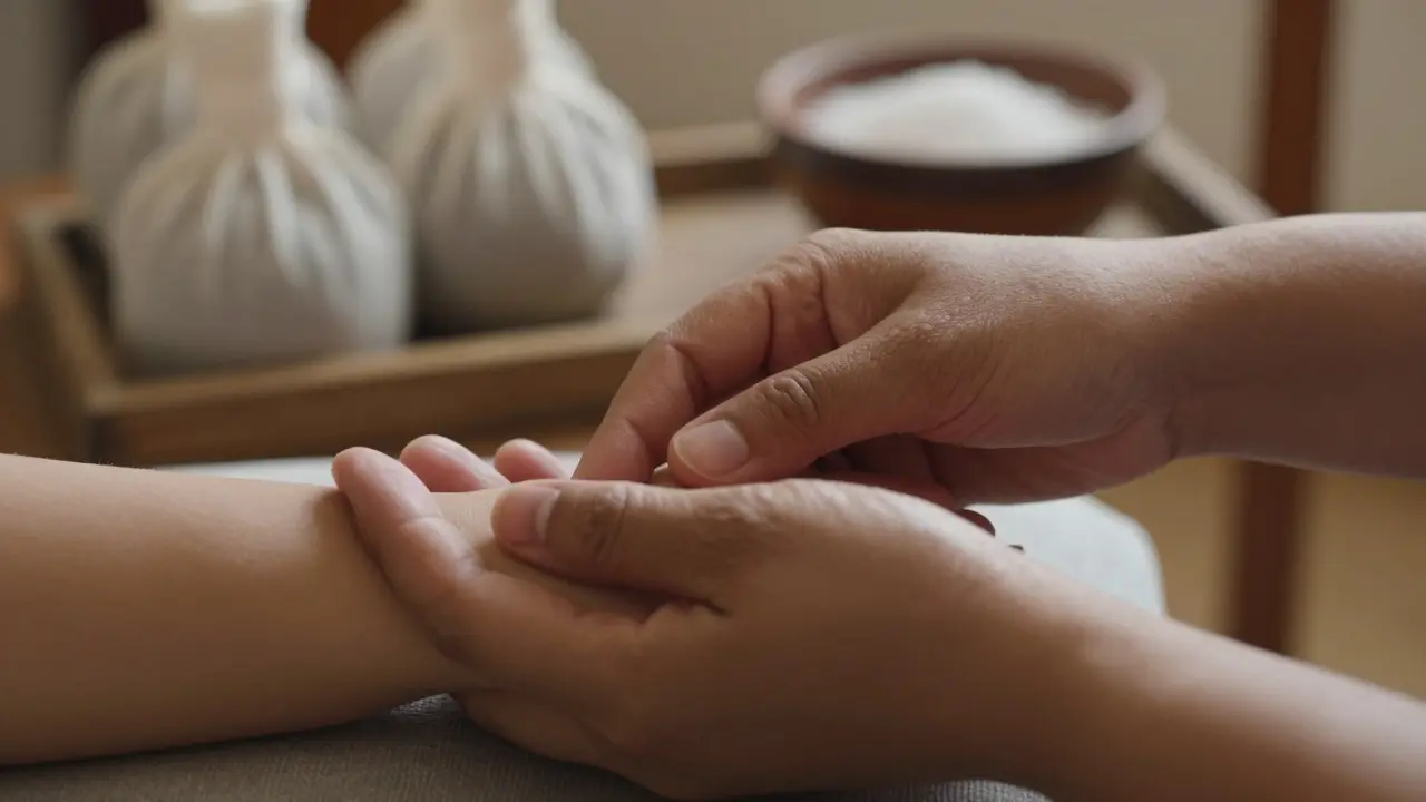 Close-up of hands pressing gently on the LI4 acupressure point during an Amma session.