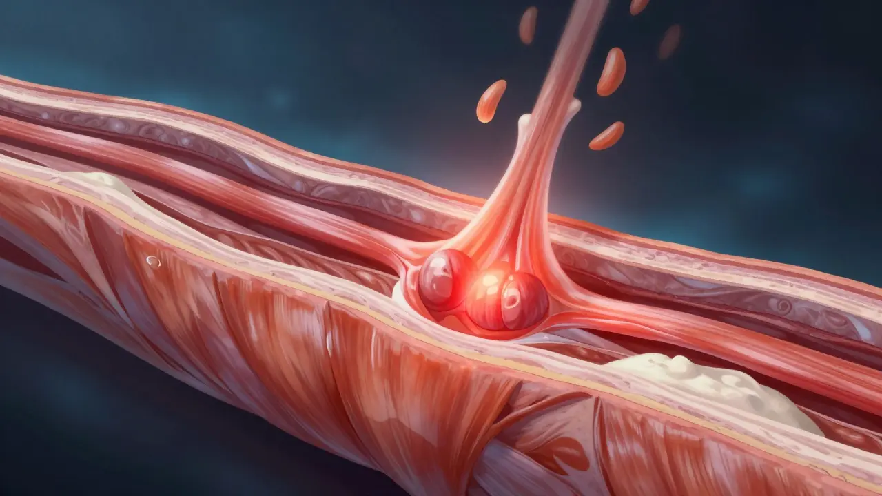 Cross-section of muscle showing a trigger point releasing tension with flowing blood.