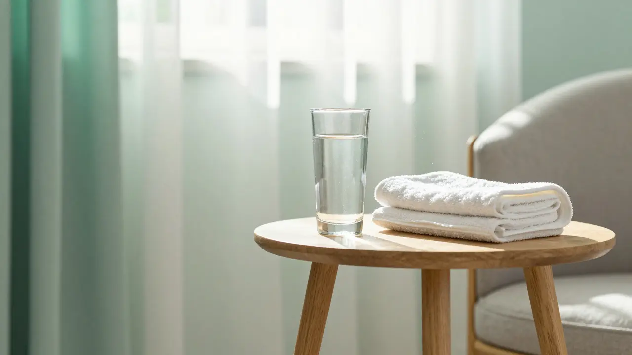 Glass of water and folded towel on a table indicating post-treatment hydration.