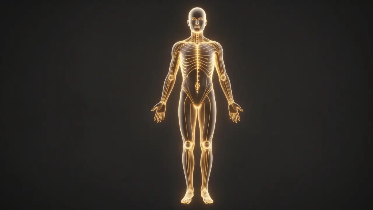 Golden energy lines glowing along a human body as pressure points activate healing.