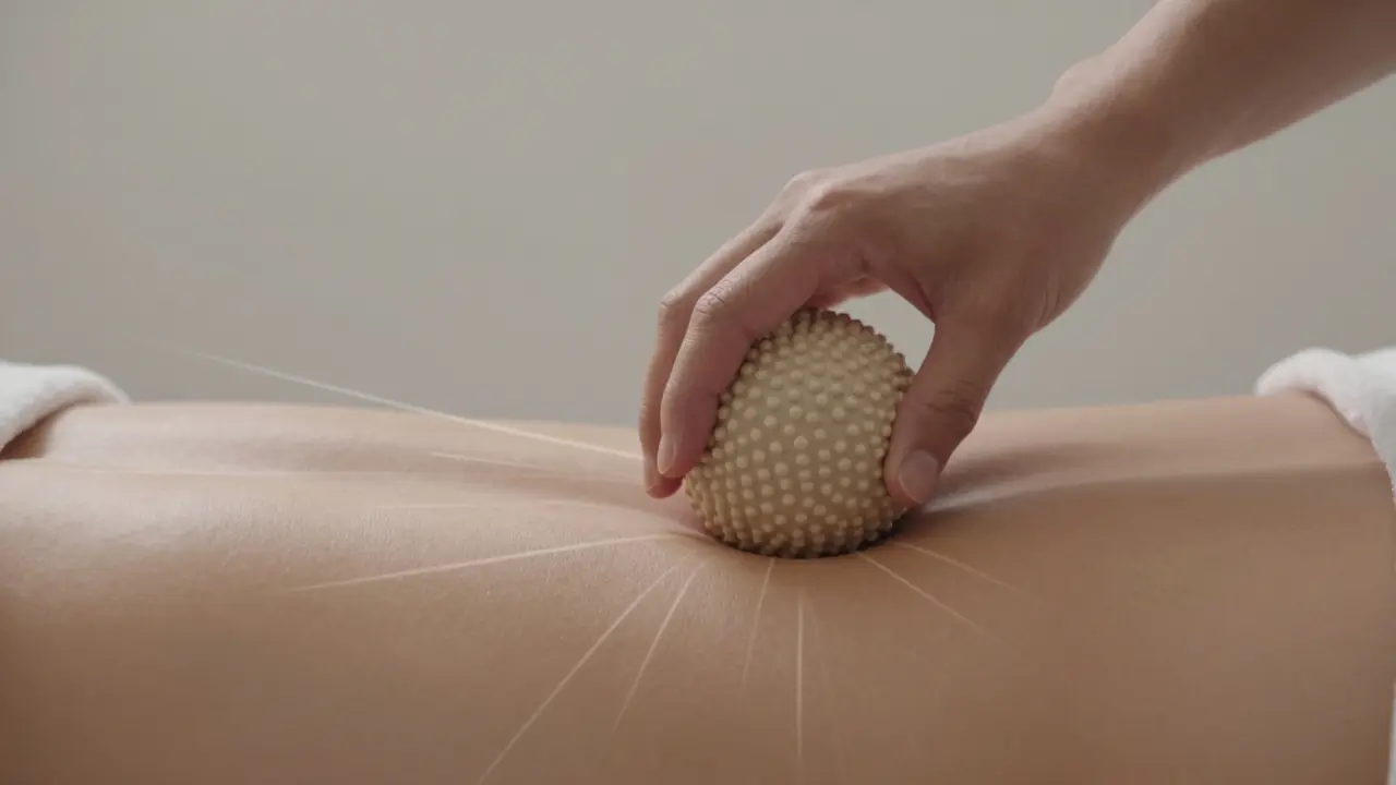 Hand applying pressure to a massage ball on lower back, symbolizing pain relief.