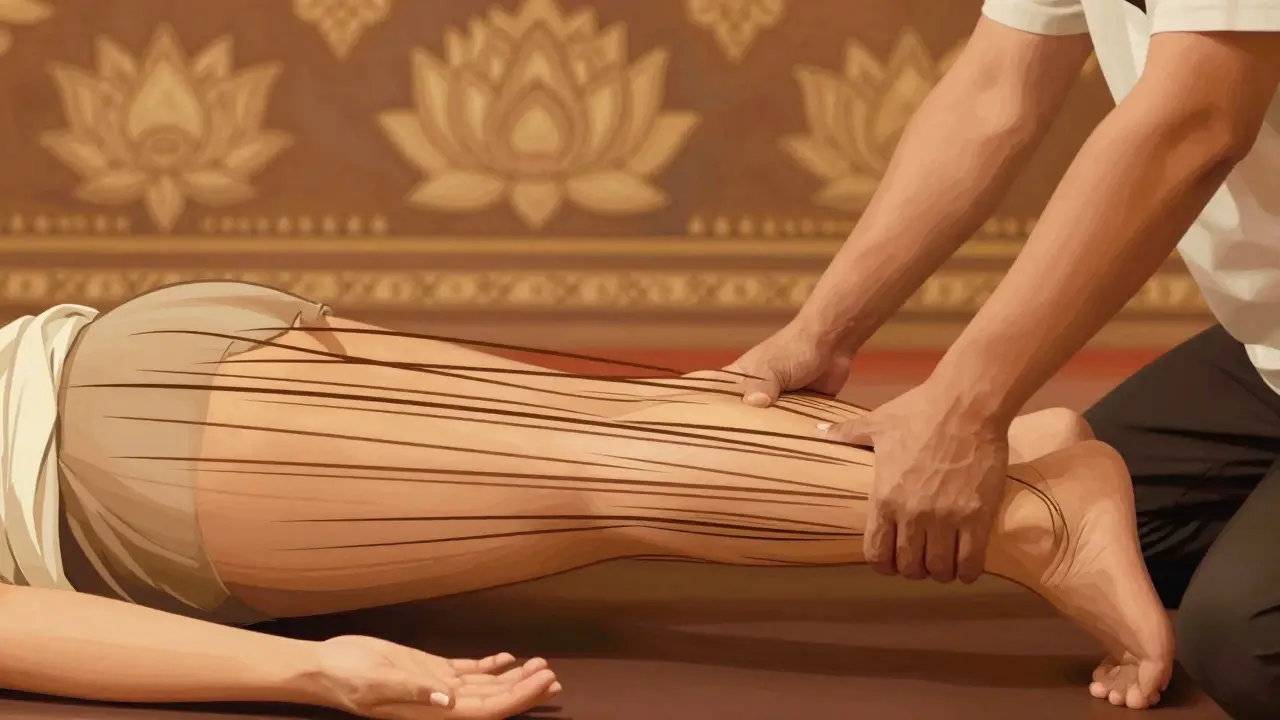 Practitioner gently stretching a client's leg in a traditional Thai massage pose.