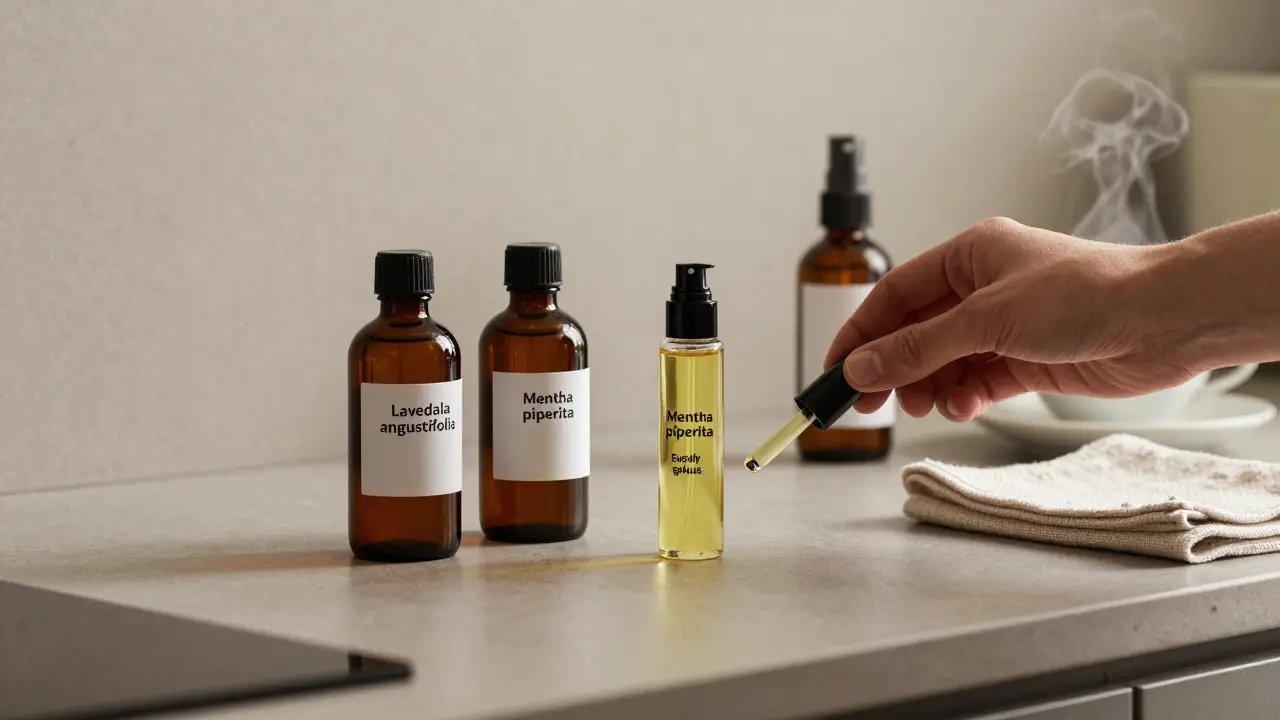 Three essential oil bottles and a roller bottle on a kitchen counter, showing safe, simple aromatherapy tools.