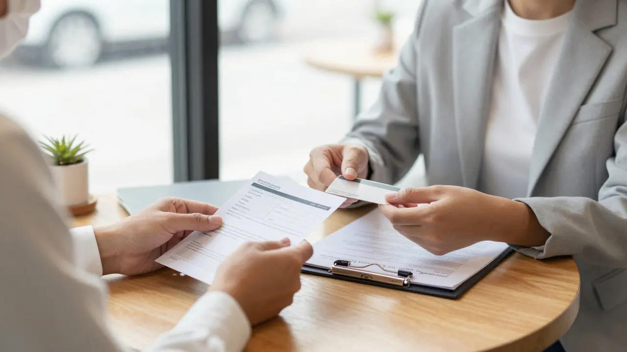 Two people exchanging identification at a cafe table.