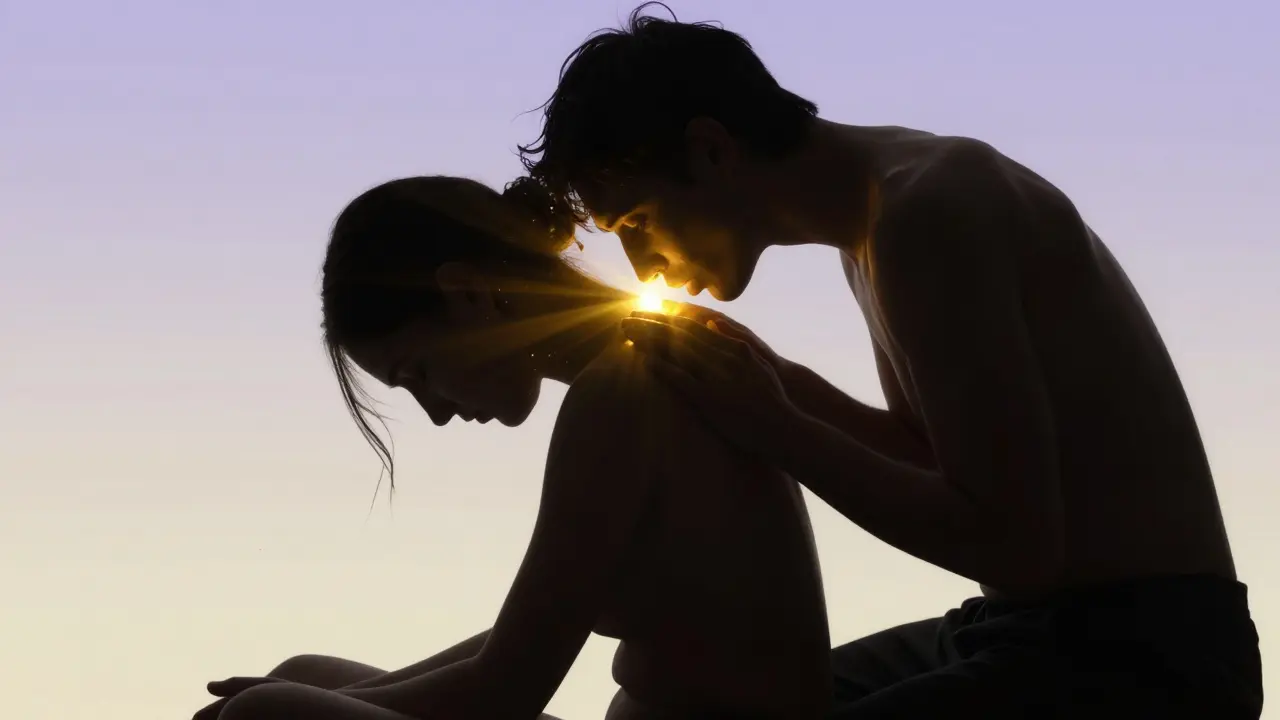 Two silhouettes connected by healing touch and a tender kiss, radiating golden light as a symbol of emotional safety.