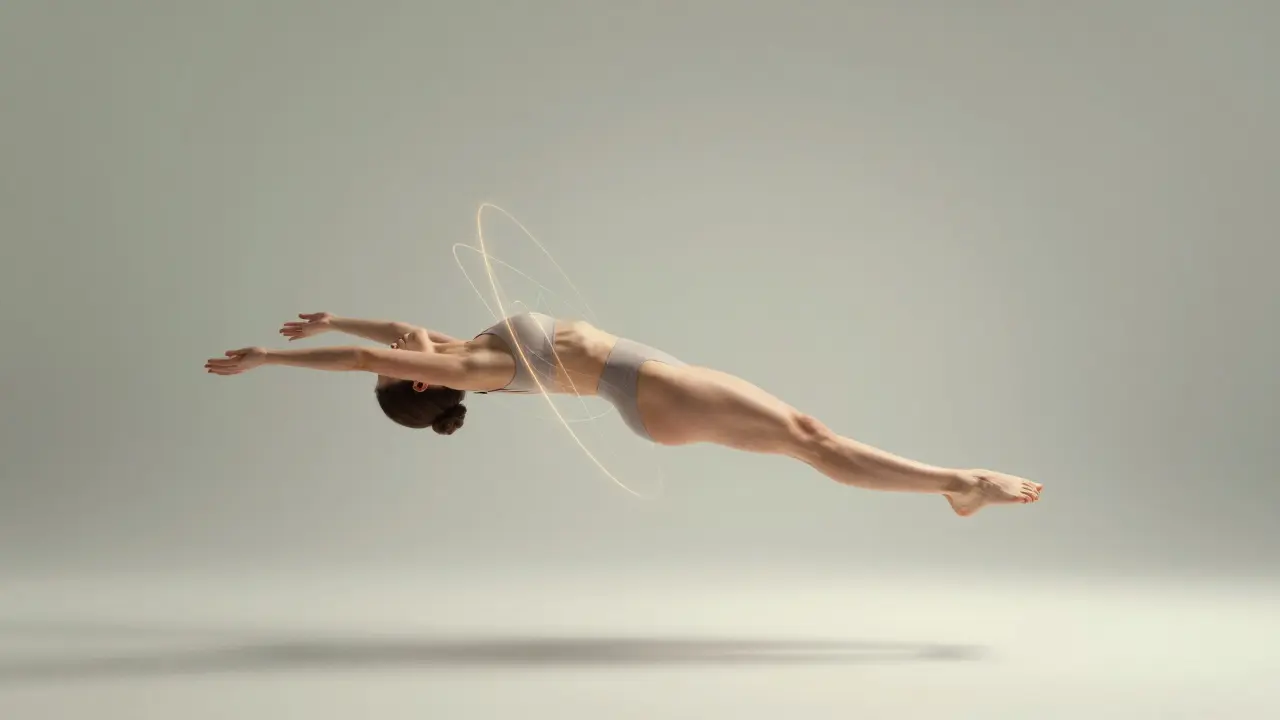 A person floating in a graceful arc with glowing lines illustrating the mind-body connection.