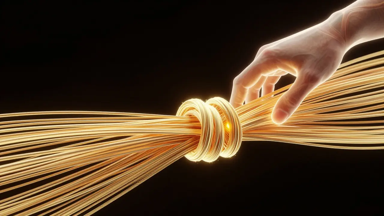 Abstract 3D visualization of golden muscle fibers being untangled from a knot