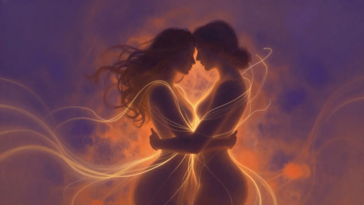 Abstract artistic representation of two partners connected by glowing golden energy lines.