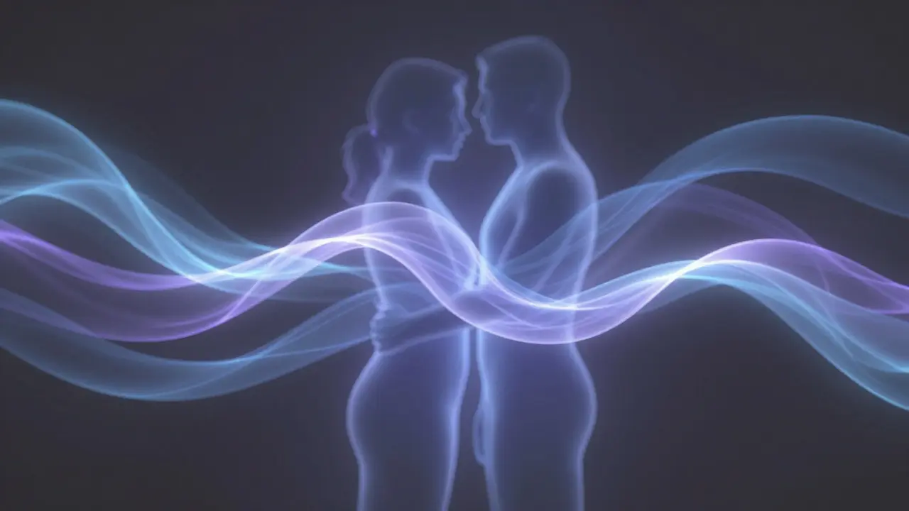 Abstract illustration of two figures entwined in glowing light, symbolizing oxytocin and deep relaxation.