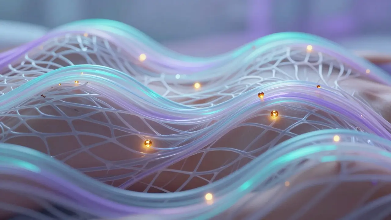 Abstract iridescent fibers of fascia releasing glowing points of stored emotional stress.