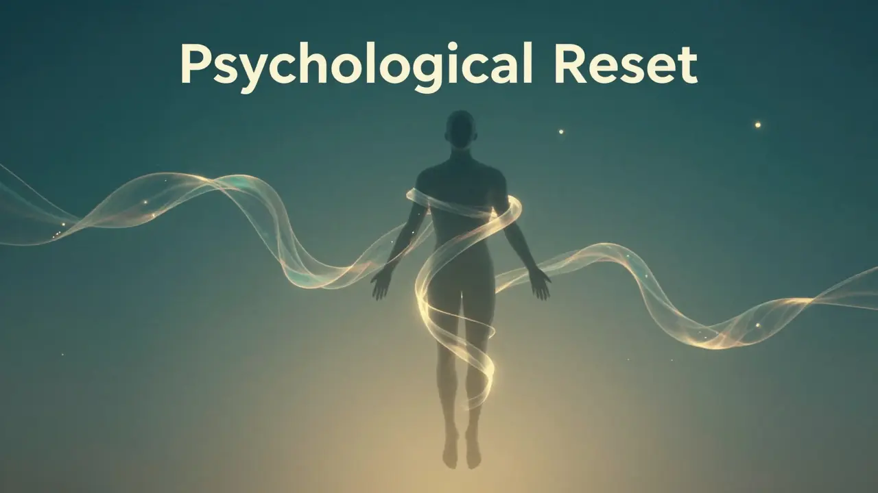 Abstract silhouette of a person floating in glowing teal and gold ribbons, symbolizing mental peace.