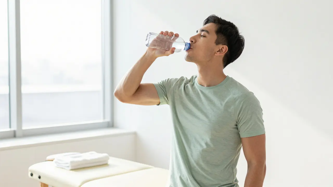 Athlete drinking water in a bright wellness clinic after a recovery session