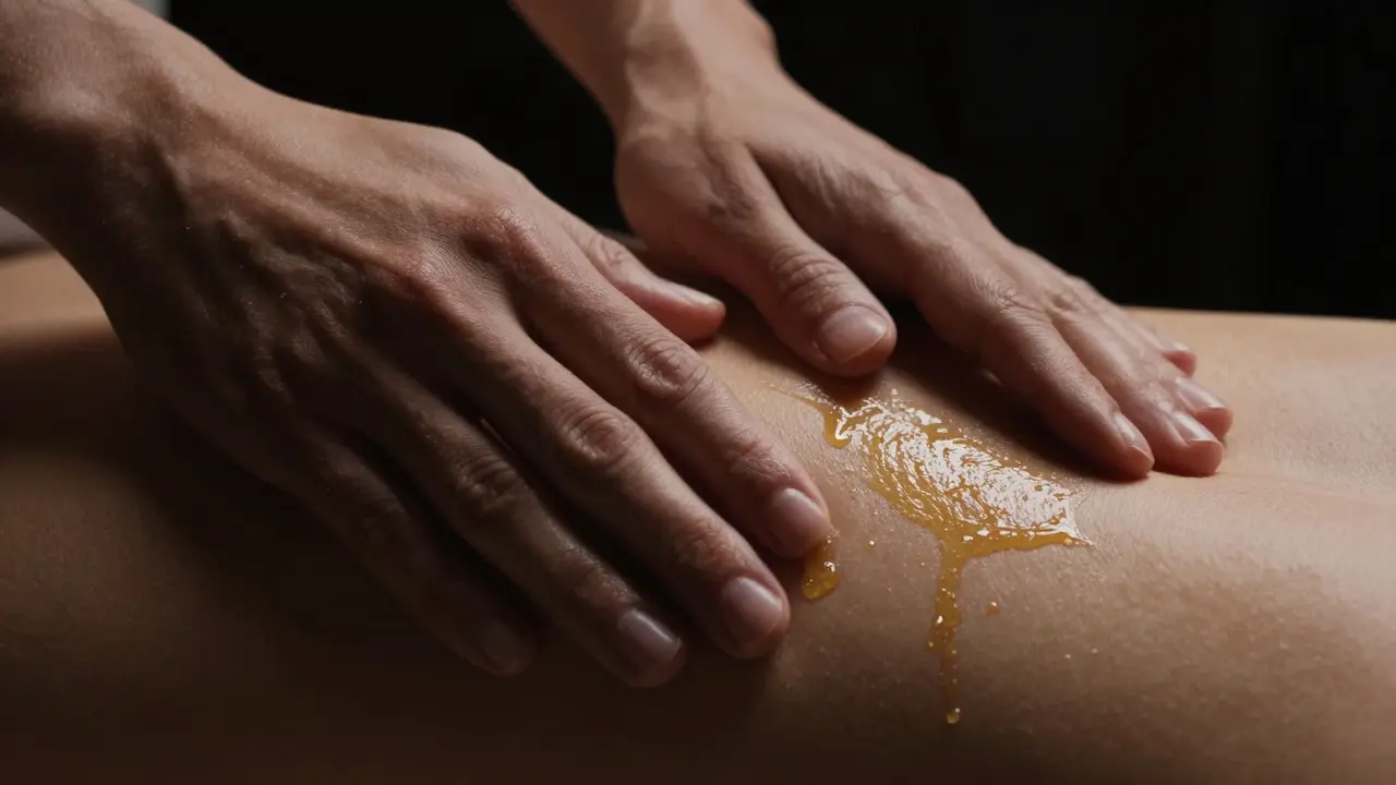 Close-up of a hand gliding over skin with glistening massage oil under warm lighting.