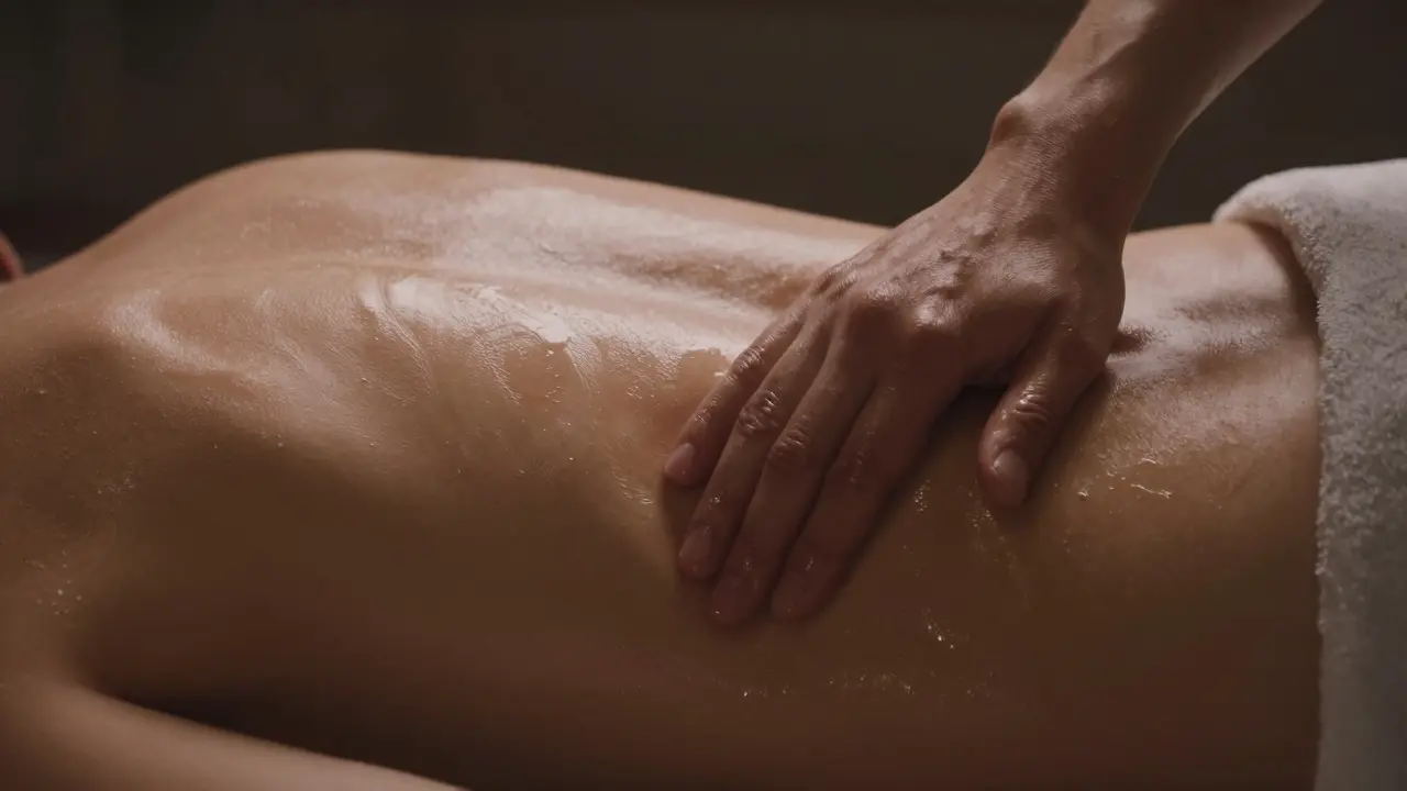 Close-up of oil-glistening skin during a body-to-body massage, emphasizing fluid movement and warmth.