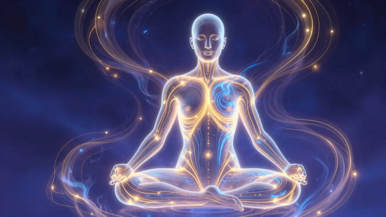 Conceptual illustration of glowing energy lines flowing through a human body.