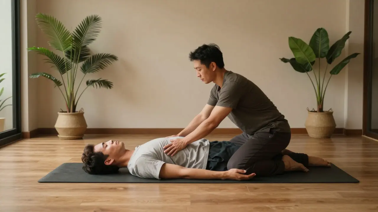 Practitioner performing an assisted stretch on a client in a modern wellness studio.