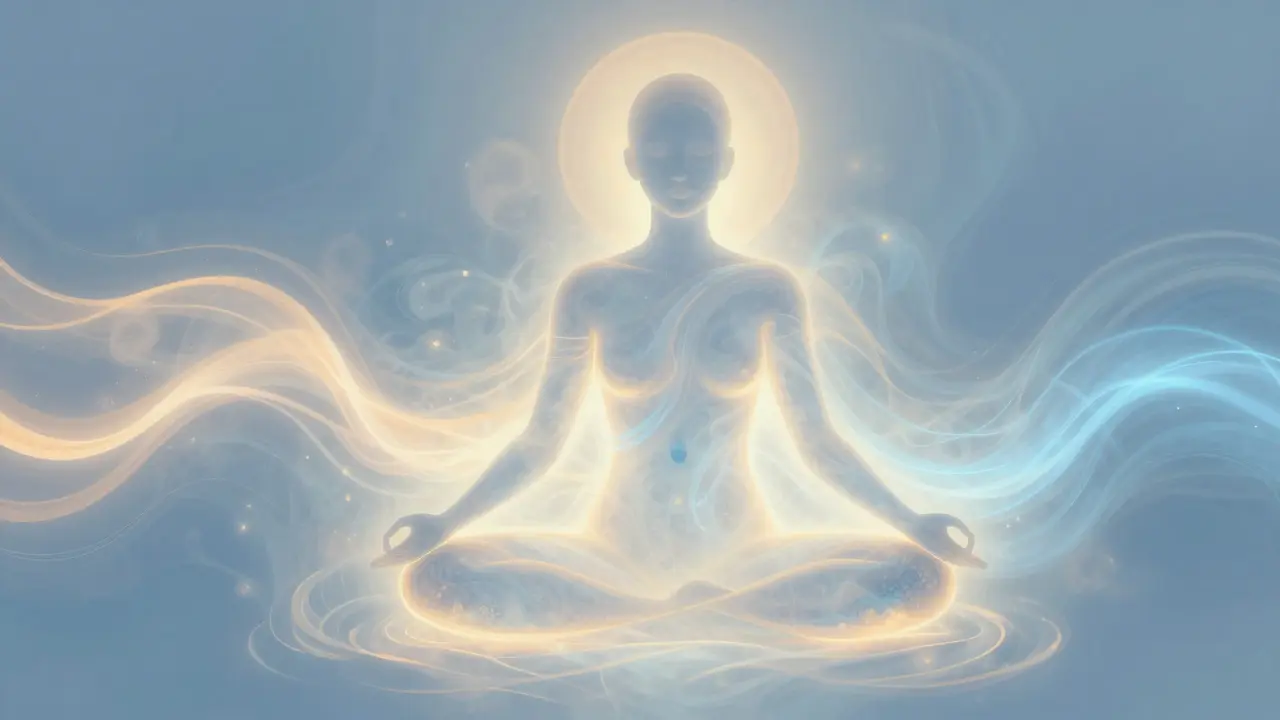 Abstract art showing a meditating figure surrounded by calming energy waves