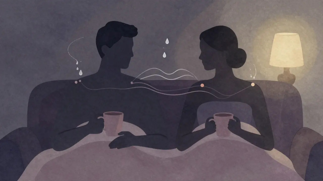 Couple resting quietly with blankets and tea, symbolizing post-massage intimacy.