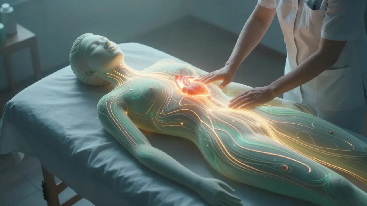 Glowing energy lines flowing through a relaxed human silhouette