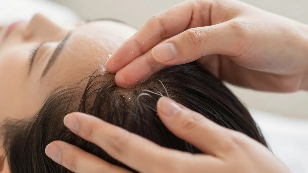 Hands gently massaging scalp with oil in circular motions