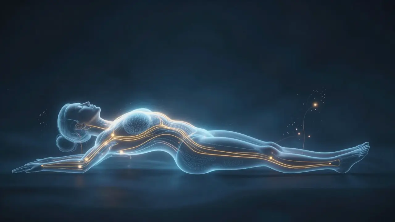 Illustration of glowing energy lines flowing through body