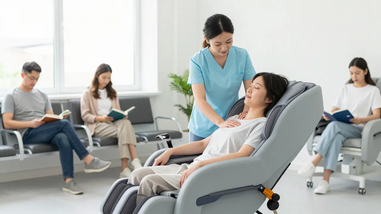 Patient relaxing during chair massage in a clinic waiting area