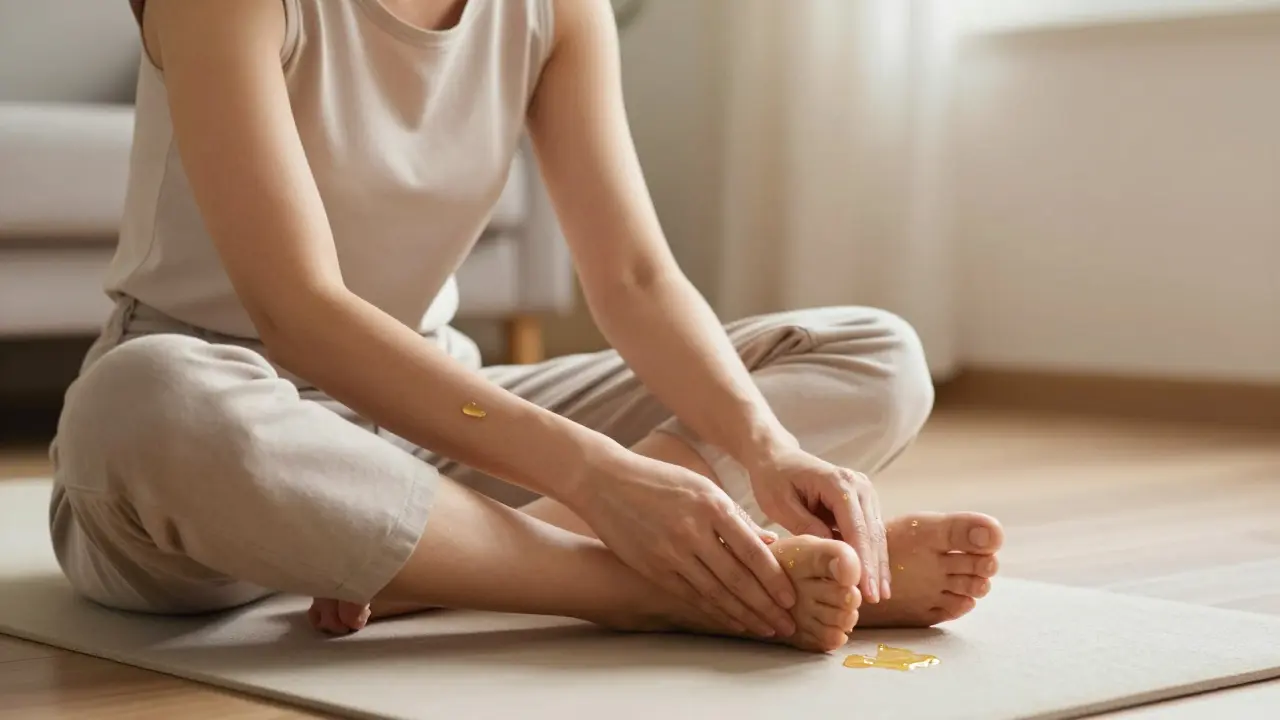 Person doing self-massage with oil in a calm setting