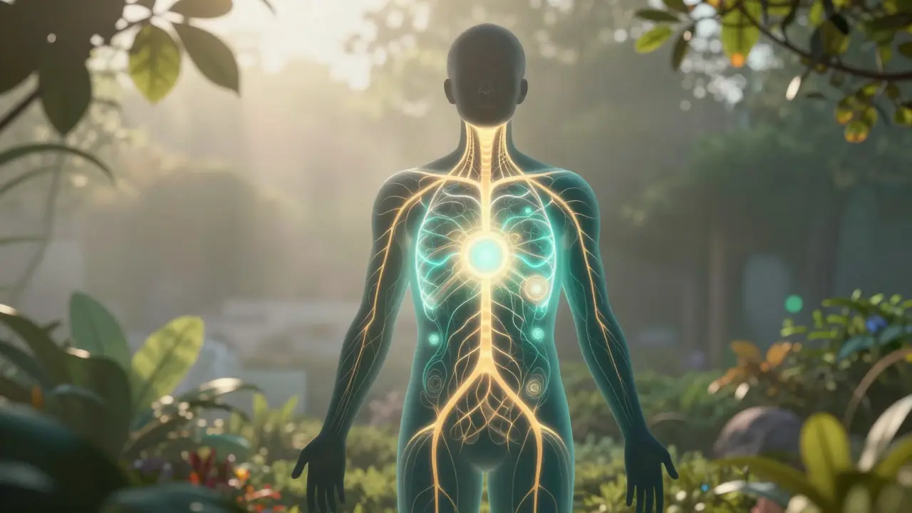 Silhouette with glowing internal energy pathways symbolizing self-healing.