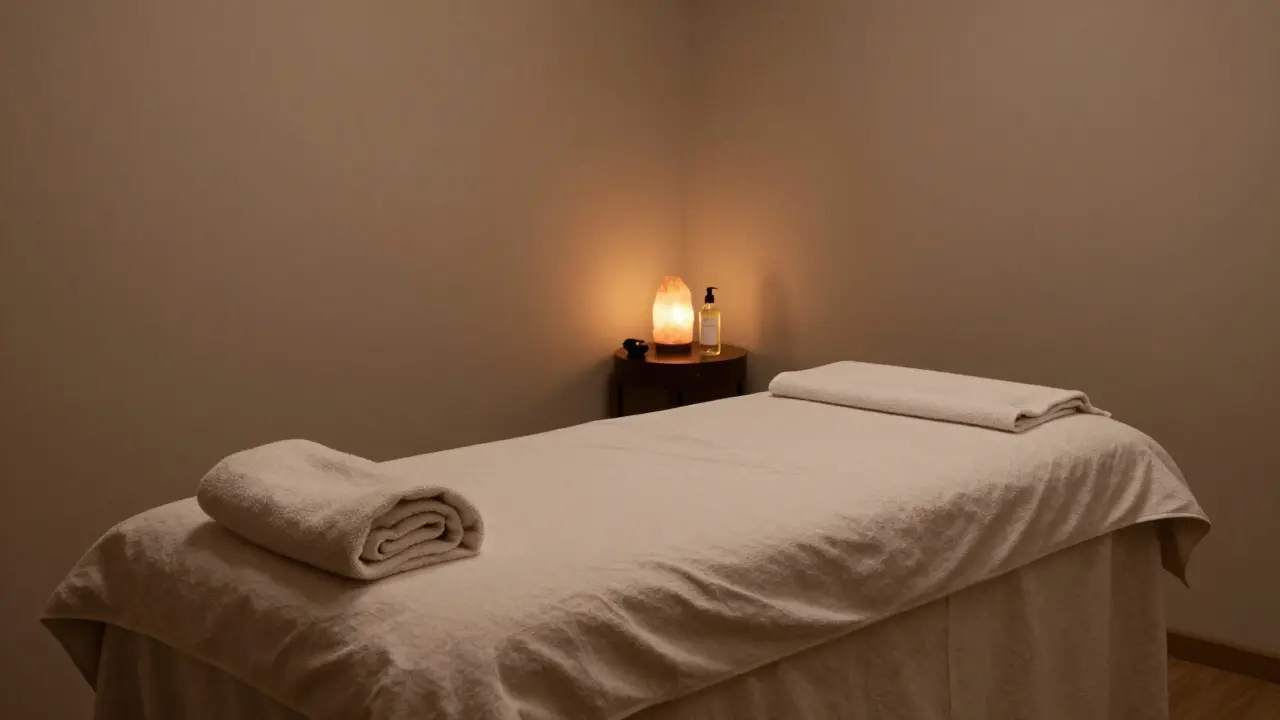 Tranquil, empty holistic spa room with soft lighting and clean linens