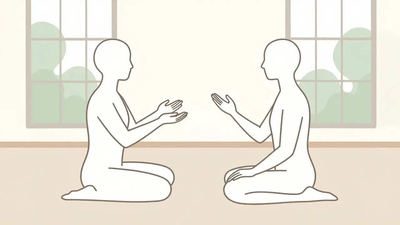 Two figures connecting through gentle intention and synchronized breathing.