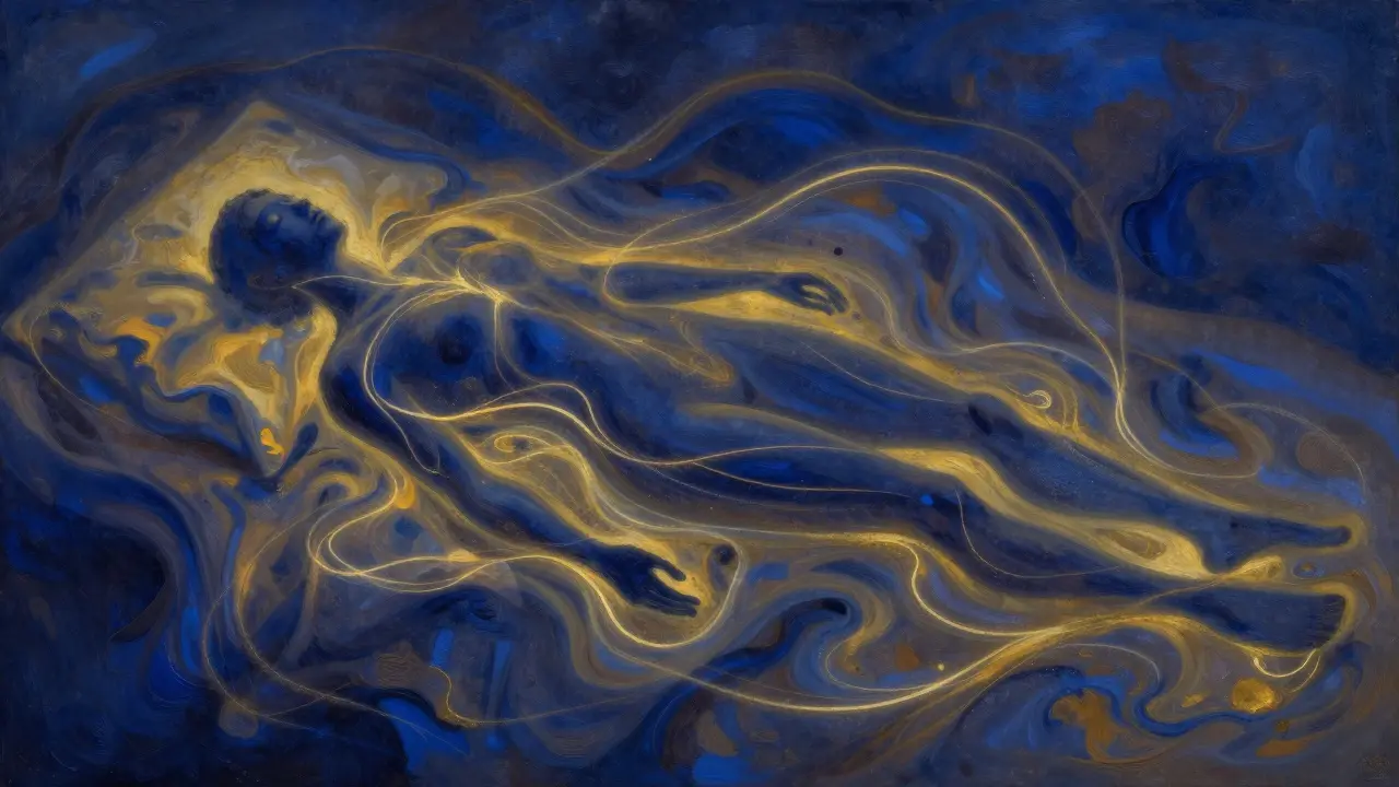 Abstract art showing energy flow through a peaceful human silhouette