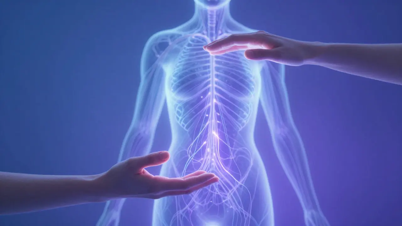 Abstract art showing energy healing hands releasing tension in body