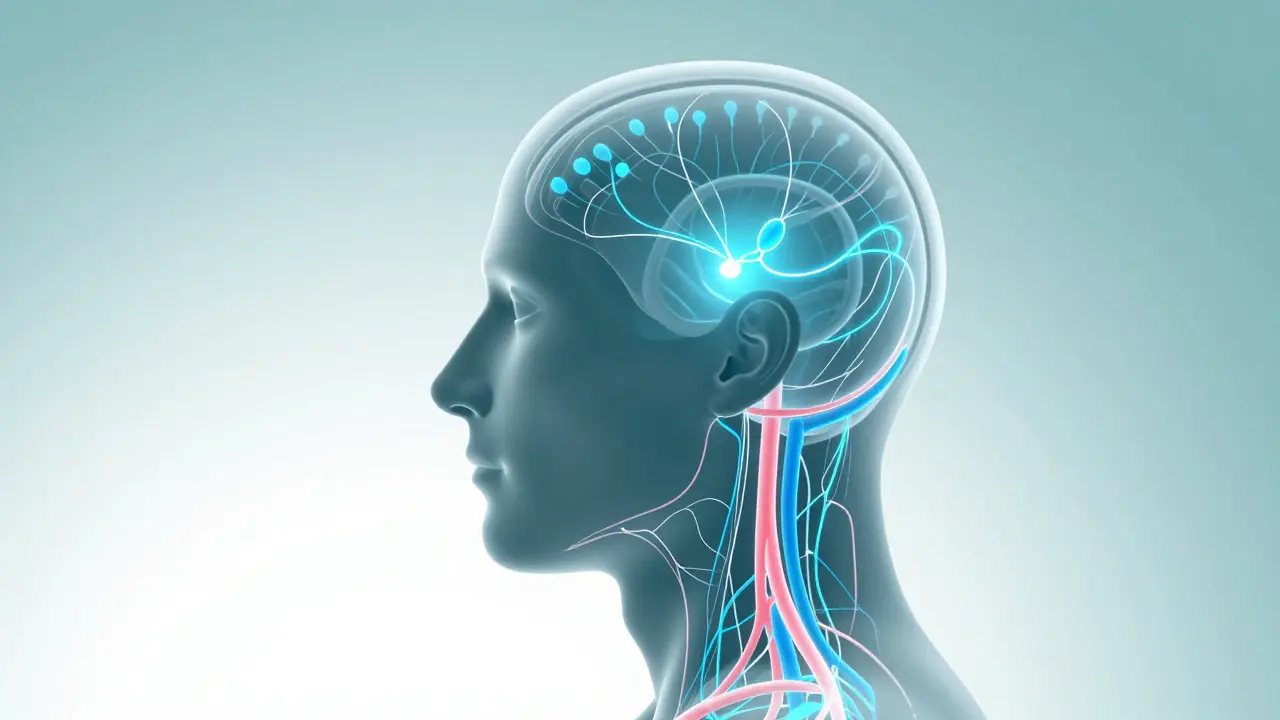 Abstract illustration of blood flow and nerves in head