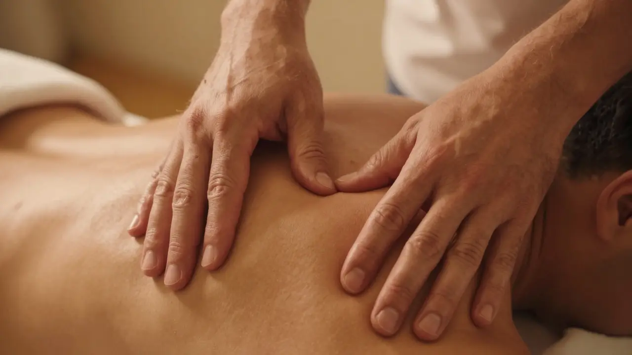Close-up of hands performing deep tissue massage on shoulders