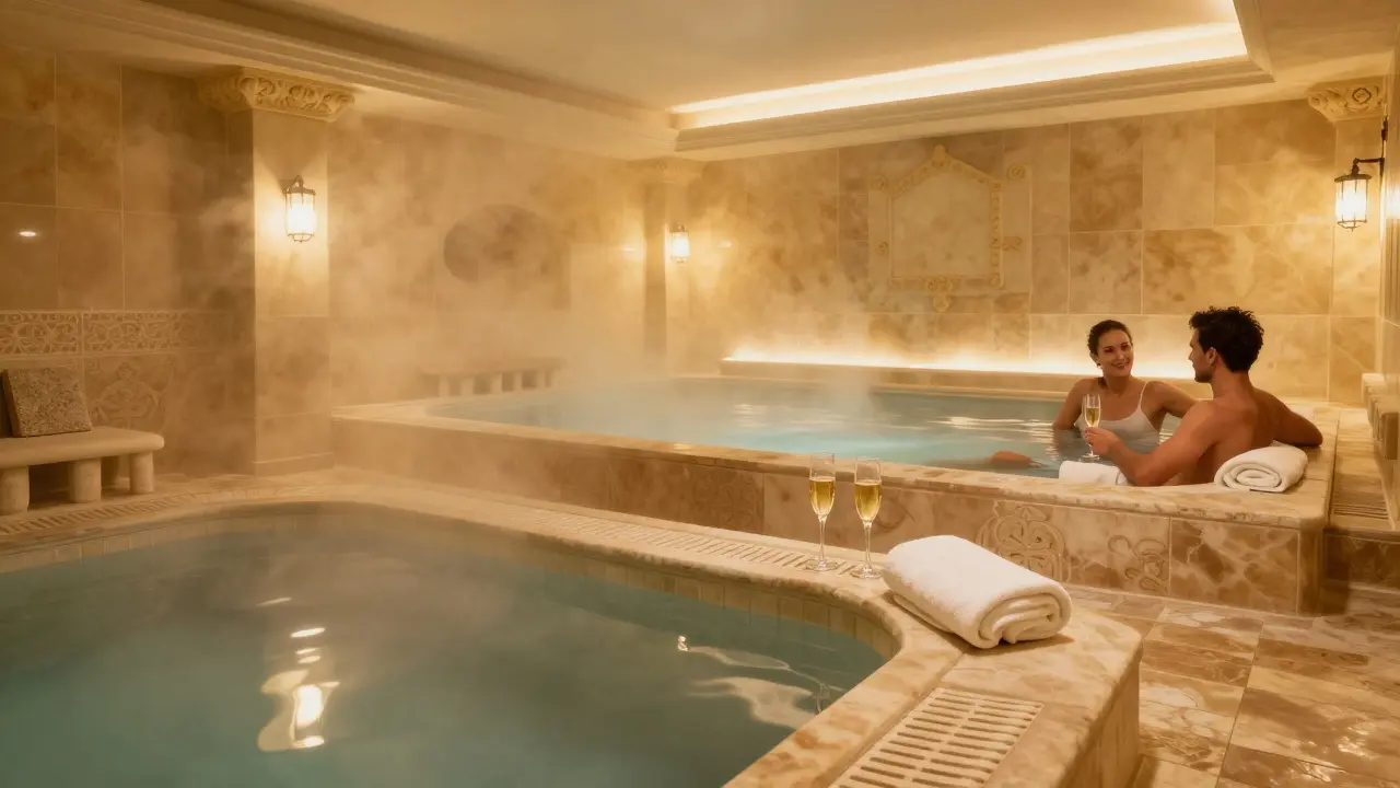 Couple relaxing in a luxurious, safe thermal bath with warm lighting and steam.