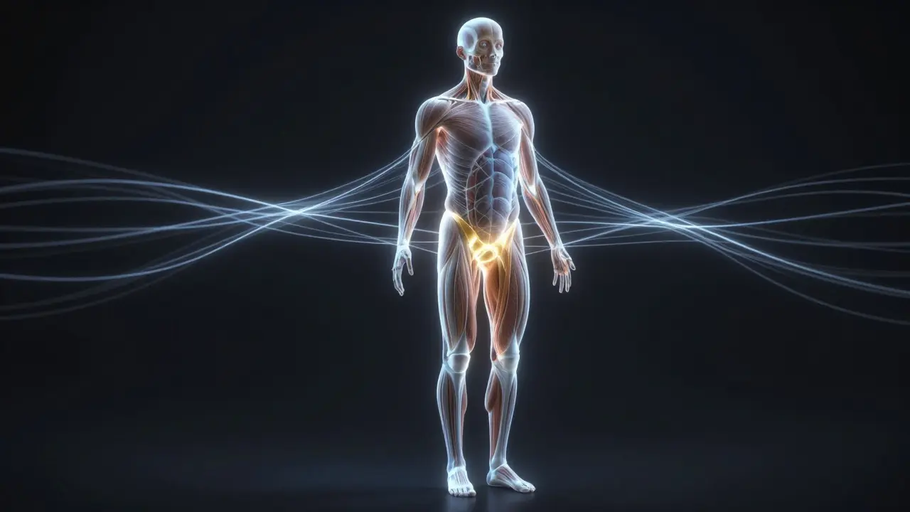 Glowing fascia network showing full-body tension release