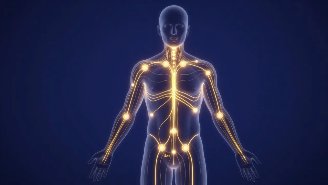 Glowing golden energy lines flowing through a human silhouette diagram