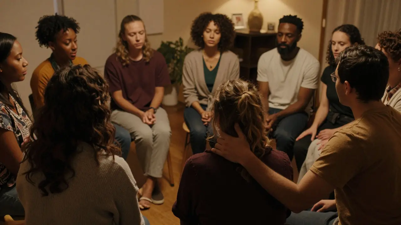 Group sitting in a circle sharing emotions in a dimly lit room