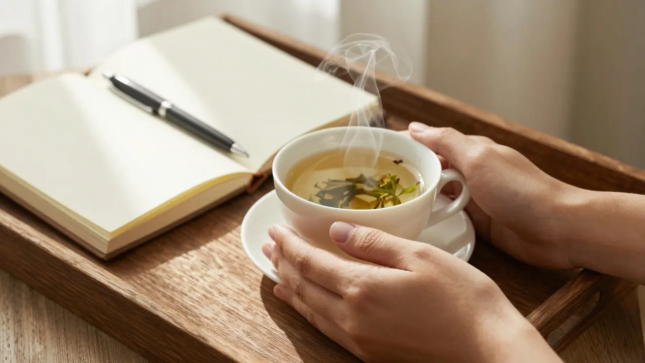 Hands resting near tea and journal in soft morning sunlight