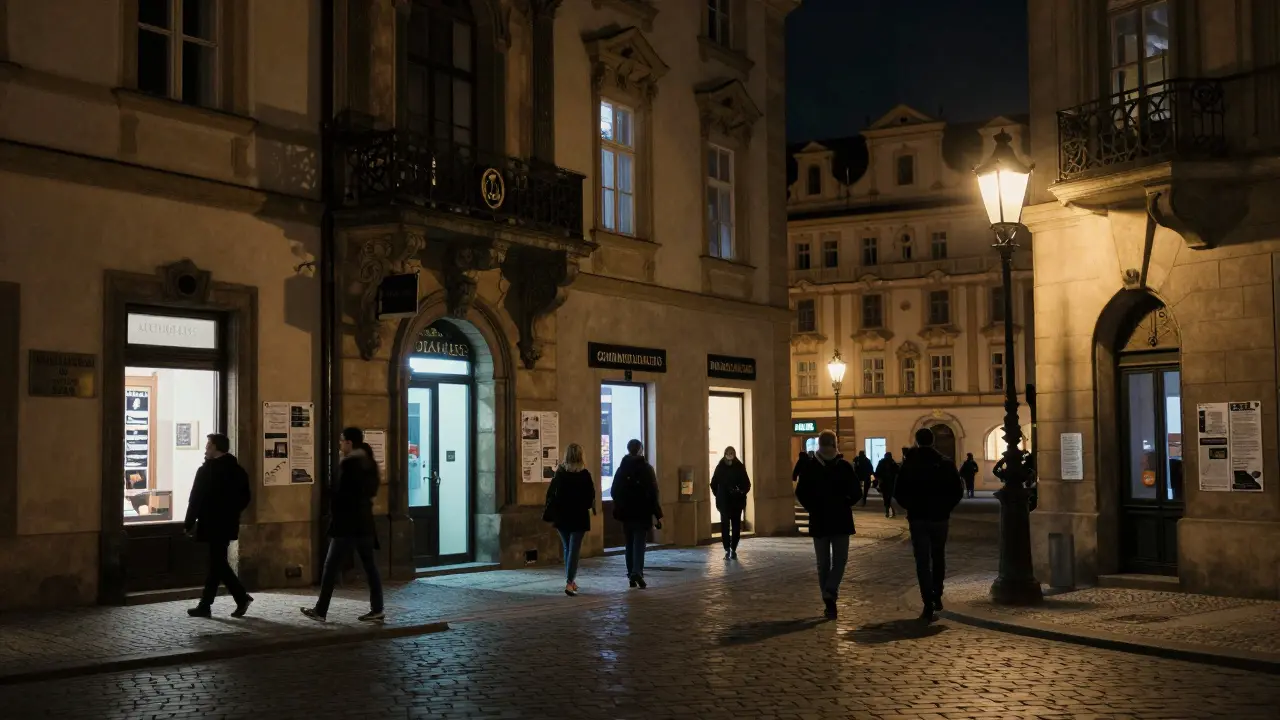 Moody night street scene in Prague showing tourists near dubious agency entrances.