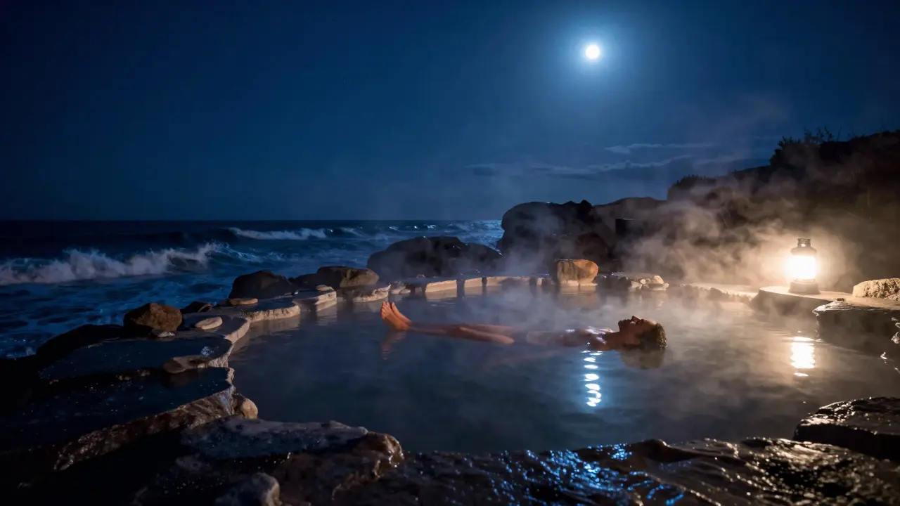Person relaxing in steaming hot springs under a starry night sky
