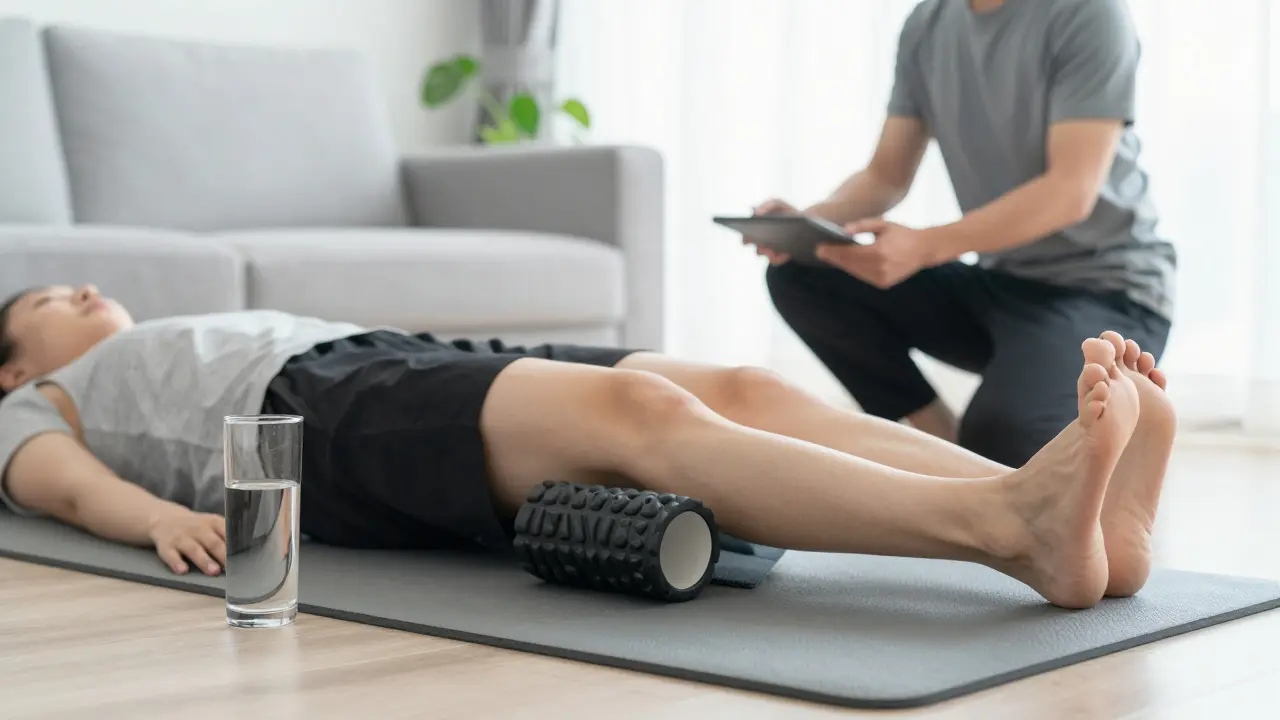 Person stretching with foam roller and water for recovery