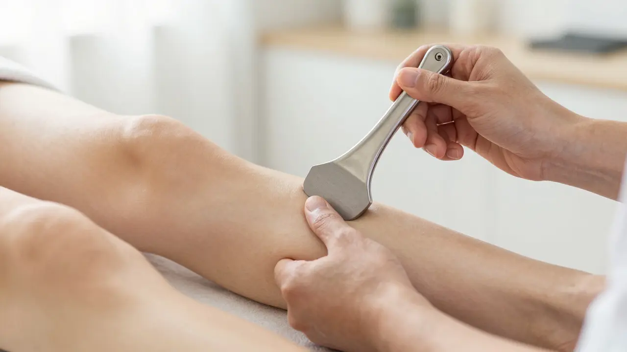 Therapist using instrument to release tendon adhesions on calf